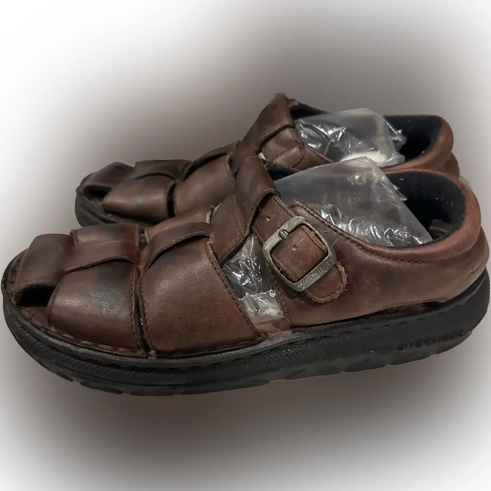 RARE Y2K Skechers SN 9684M Brown Leather Lug Sole Sandals with Buckle Sz:6M;7.5W